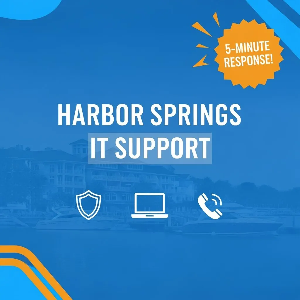 Eye-catching Harbor Springs IT support social media graphic featuring 5-minute response guarantee and hospitality-focused IT services for Northern Michigan resort businesses