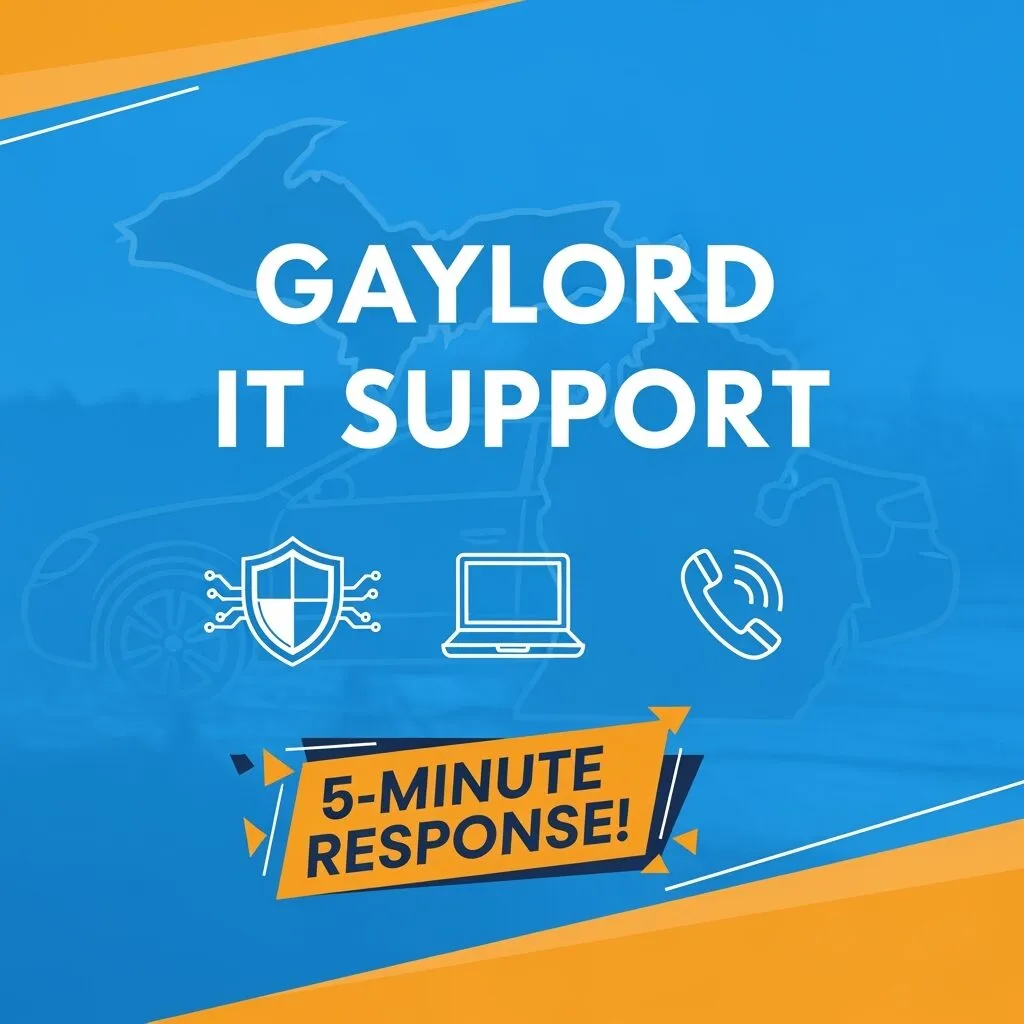 Eye-catching Gaylord IT support social media graphic featuring 5-minute response guarantee and cybersecurity services for Northern Michigan businesses